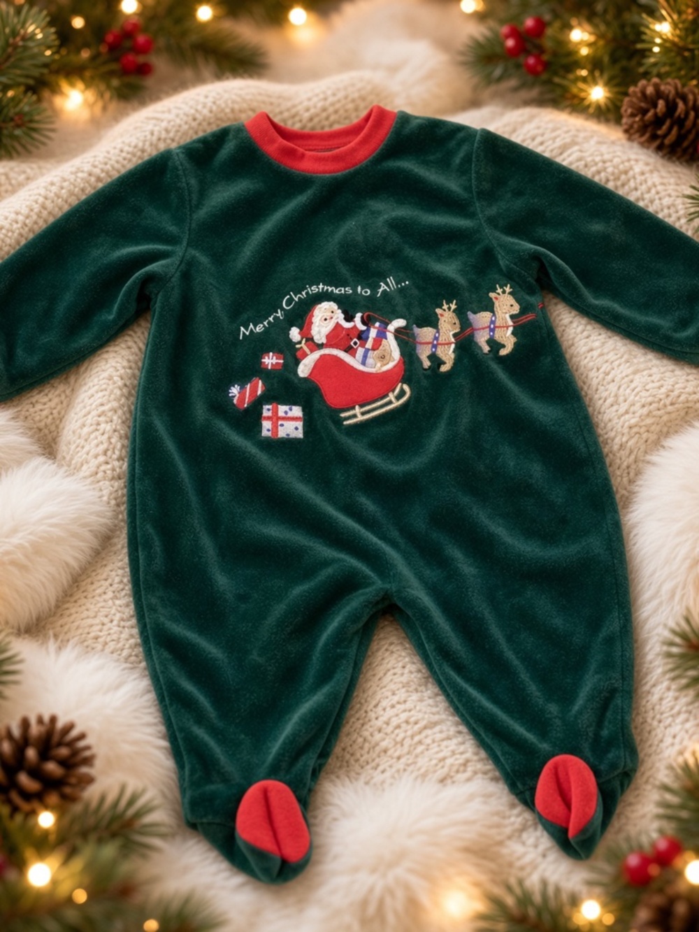 VTG Little Me Green Velour Christmas Santa Sleigh Footie Pajamas 9M